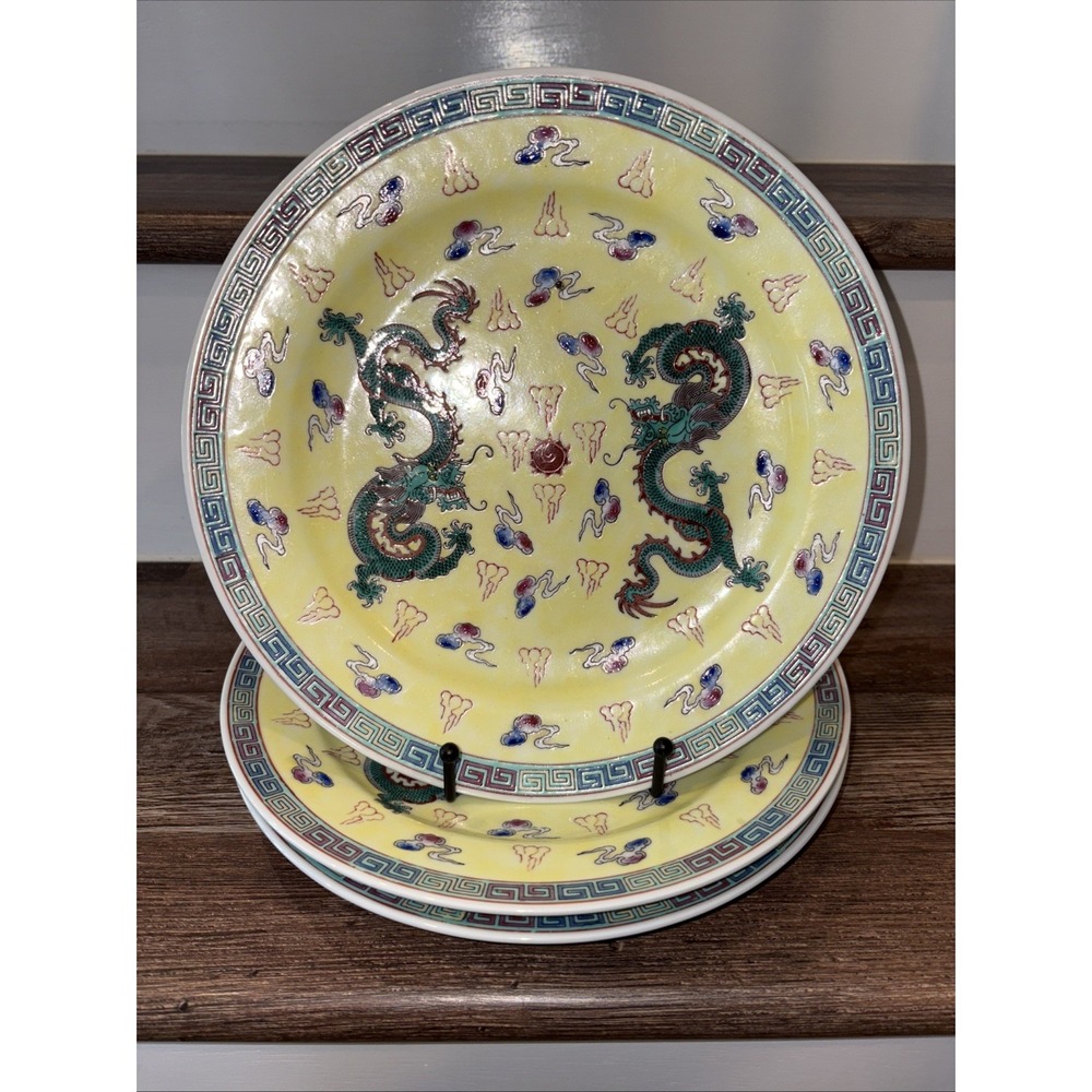 3/Porcelain Hand-Painted Chinese Plates 5 Toe Dragon & Flaming Pearl 10"